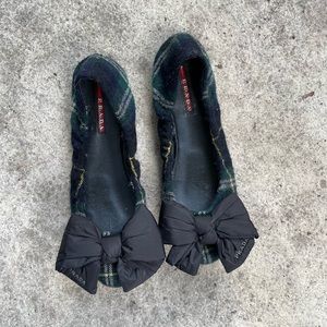 Prada Wool Plaid Bow Front Ballerina Flats, size 37.5